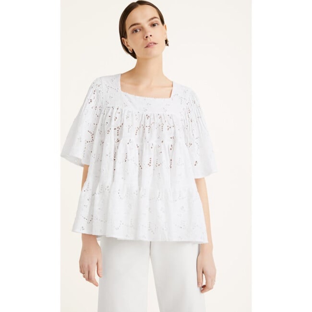 Merlette Brandt White A-Line Eyelet Lace Bell Sleeve Tiered A-Line Top Size Xs